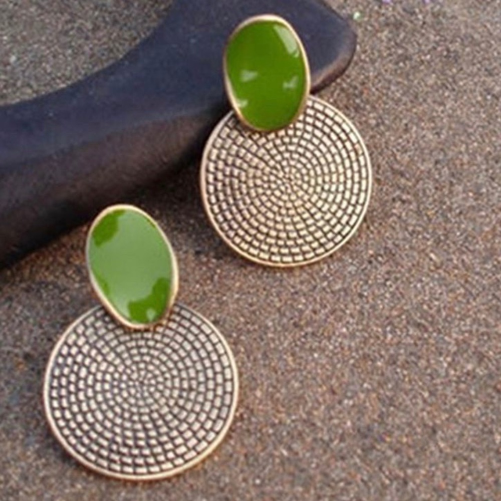 Retro Vintage Bronze Green Enamel Dangle Earrings